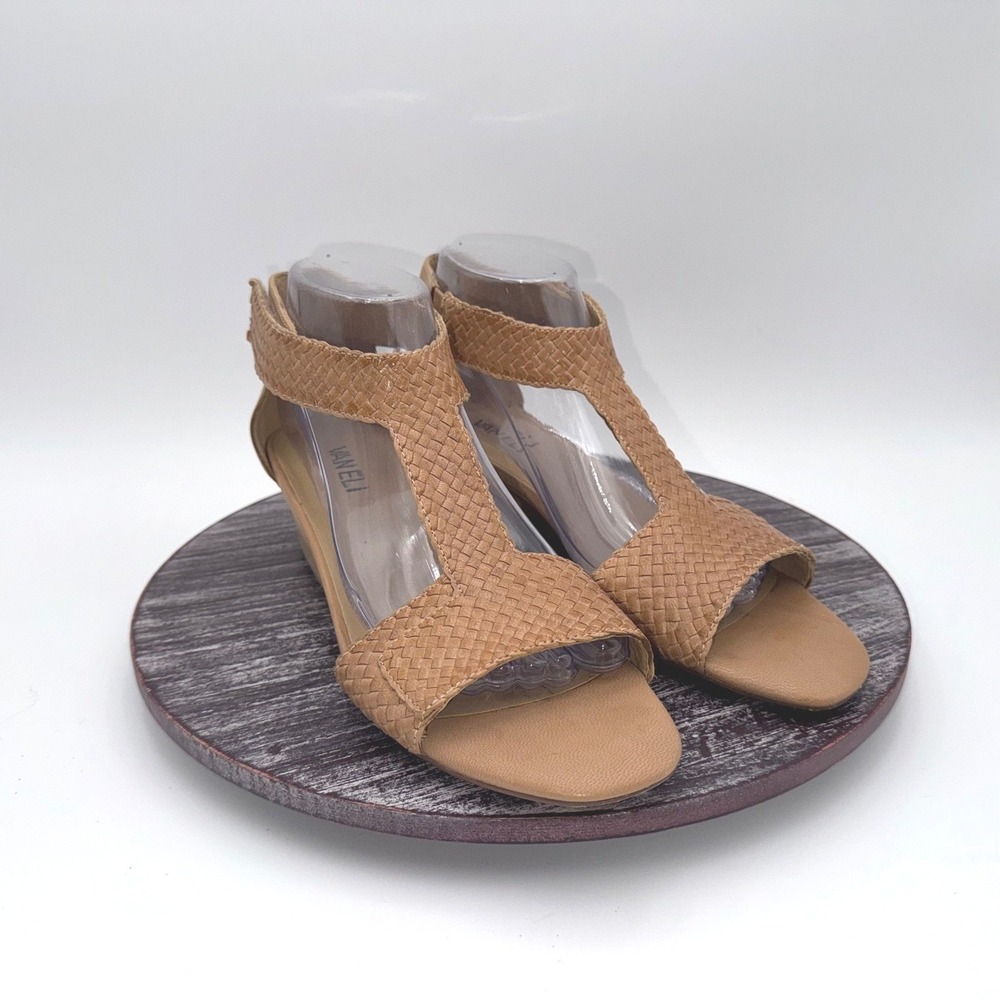 Vaneli Tan Sandals Womens 10 N Woven Wedge Open Toe Zip Ankle Strap Tan Shoes